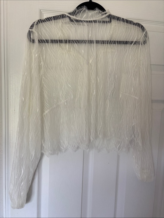 Eloquii Tops - Eloquii Sheer Ivory Fringe Lace Long Sleeve Crop Top